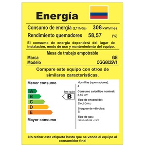 Cubierta de Empotre a Gas 60 cm Vidrio Negro GE Appliances - CGG6025V1